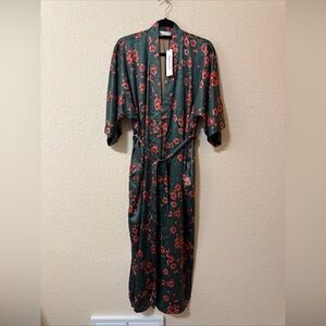 NWT Babeyond Womens Dark Teal Satin Robe Kimono‎ Asian Style Floral Sz L